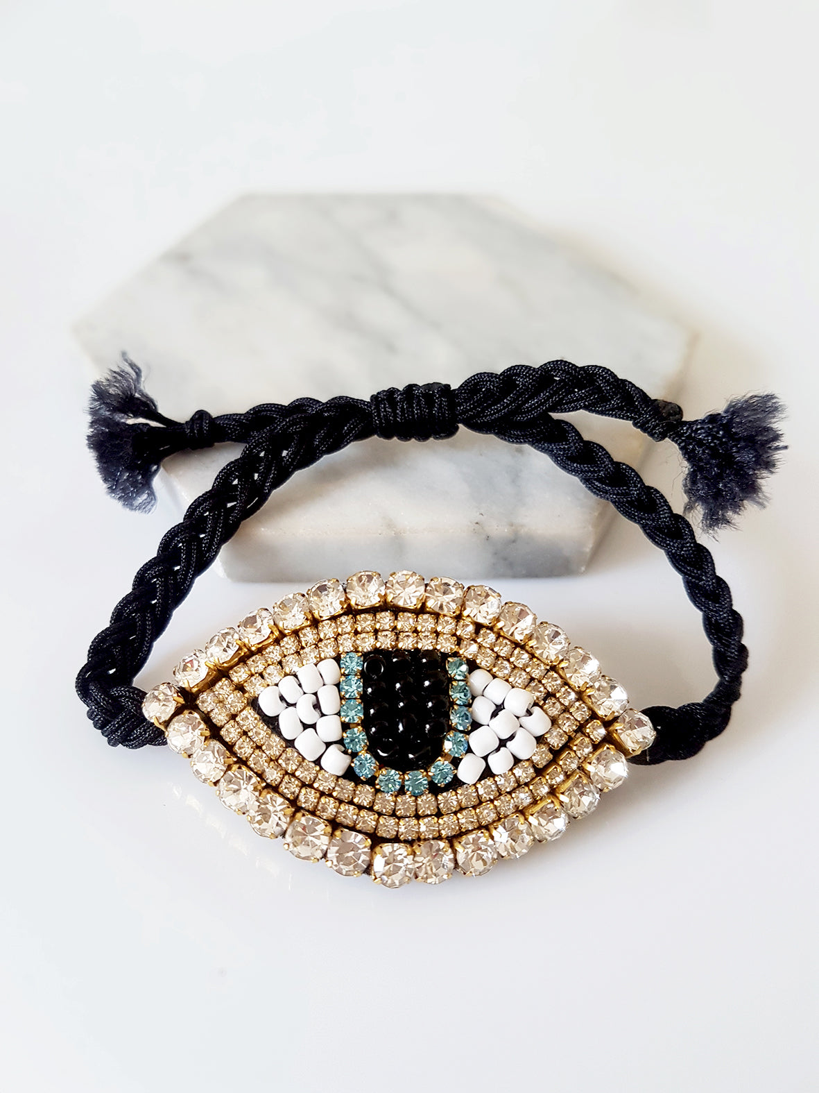 Χειροποίητο βραχιόλι με πλεκτό κορδόνι και μεγάλο μοτίφ ματιού με στρας – Shiny Eye Large – So Cute by Dimi