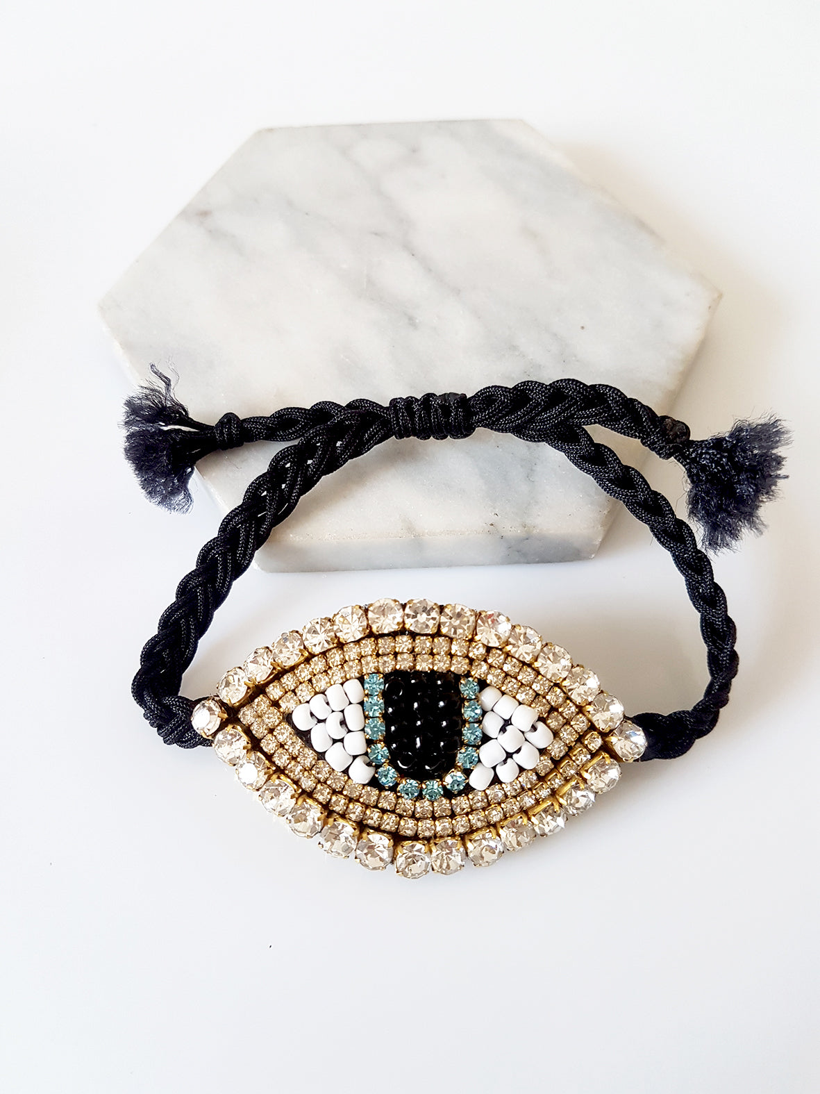 Χειροποίητο βραχιόλι με πλεκτό κορδόνι και μεγάλο μοτίφ ματιού με στρας – Shiny Eye Large – So Cute by Dimi