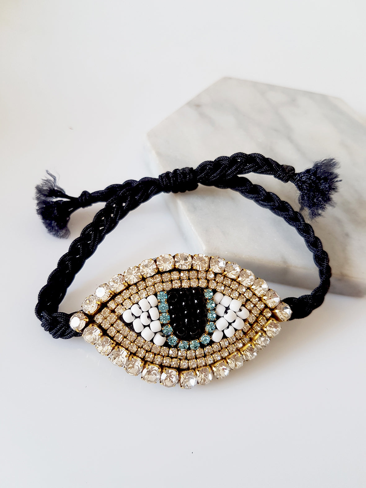 Χειροποίητο βραχιόλι με πλεκτό κορδόνι και μεγάλο μοτίφ ματιού με στρας – Shiny Eye Large – So Cute by Dimi