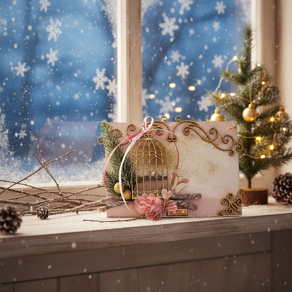 Γούρι κλουβί So Cute by Dimi – χριστουγεννιάτικη χειροποίητη δημιουργία με χρυσό κλουβί, ροζ λουλούδι και φτερό, σε ρομαντικό girly-boho στυλ.