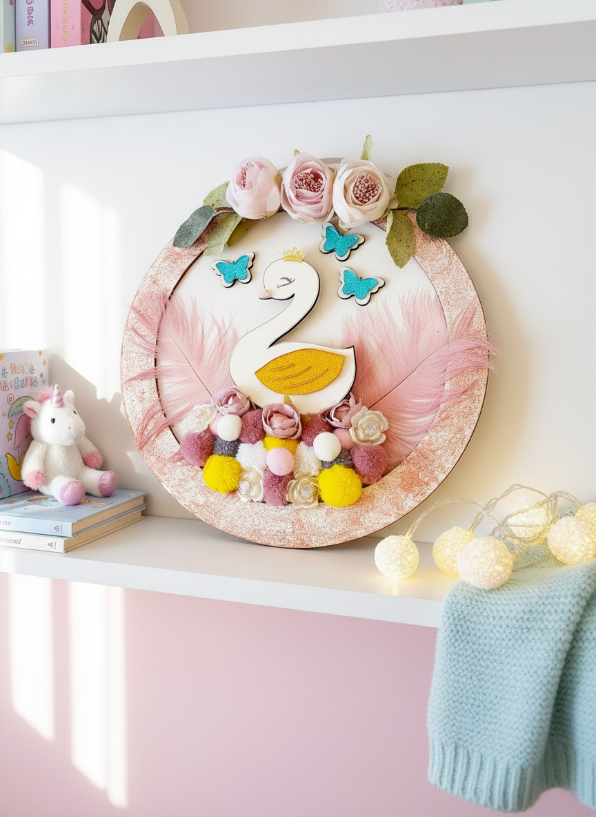 Χειροποίητο ξύλινο κάδρο κύκνος με φτερά, λουλούδια και pom pom – διακοσμητικό παιδικού δωματίου