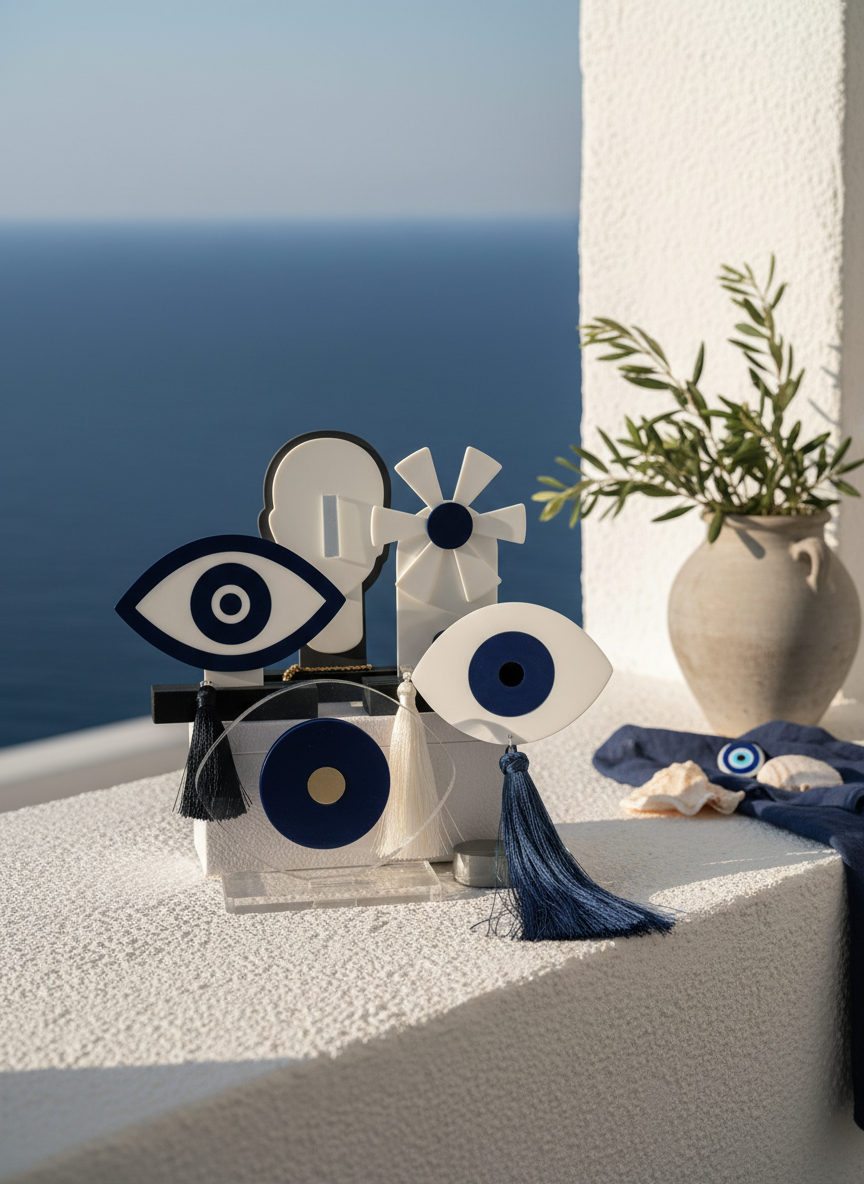 Assortment of Morphes Collection Greek Cycladic décor by So Cute by Dimi — evil eye charms, windmill and figurine designs displayed in Aegean outdoor setting