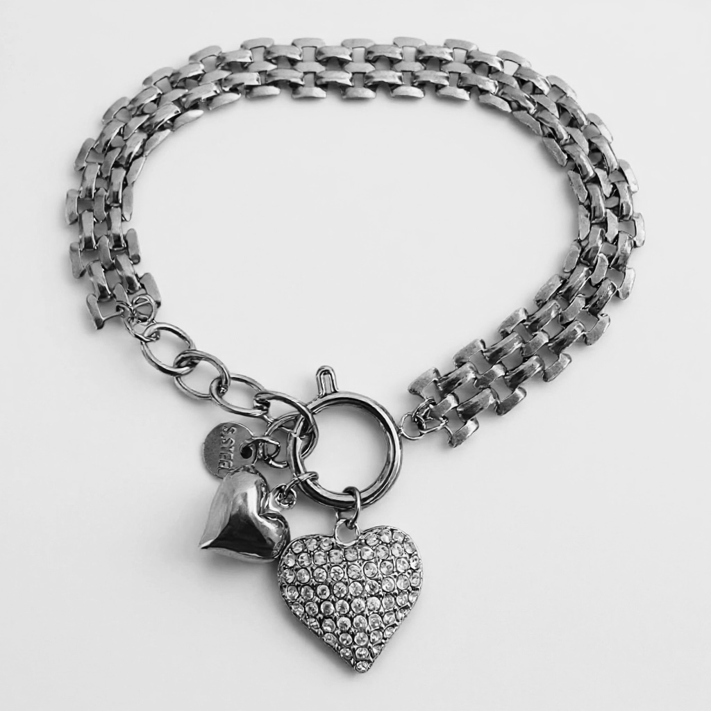 Ατσάλινο Βραχιόλι “Double Heart Sparkle” με Ζιργκόν - So Cute by Dimi