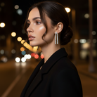 Μακριά λαμπερά σκουλαρίκια με κρύσταλλα, φορεμένα σε βραδινό street-style look