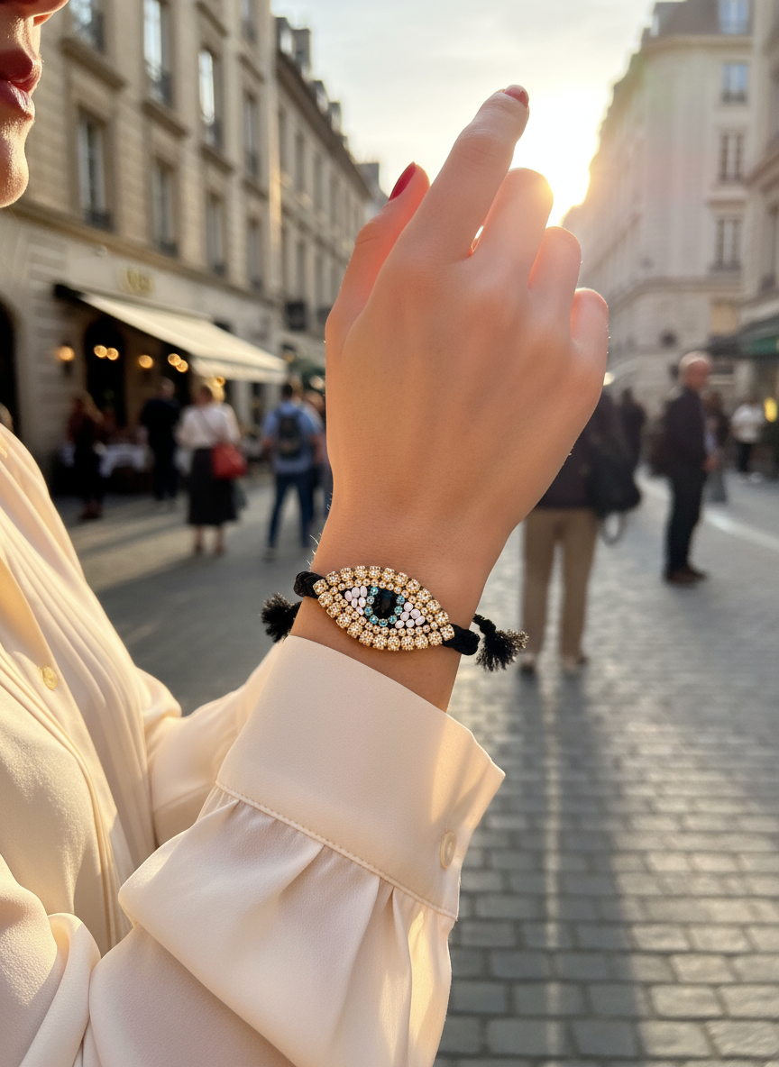 Χειροποίητο βραχιόλι με πλεκτό κορδόνι και μεγάλο μοτίφ ματιού με στρας – Shiny Eye Medium – So Cute by Dimi