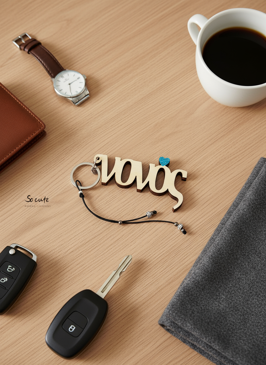 Ξύλινο χειροποίητο μπρελόκ «Νονός» με καρδούλα γκλίτερ και κορδόνια με μεταλλικά σωληνάκια – So Cute by Dimi