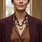 Ατσάλινο κολιέ με σατέν φουλάρι και χρυσά charms καρδιές So Cute by Dimi