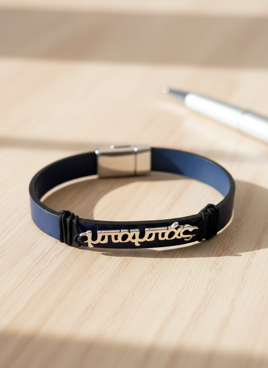 Χειροποίητο ανδρικό δερμάτινο βραχιόλι ‘μπαμπάς’ με ταυτότητα – So Cute by Dimi