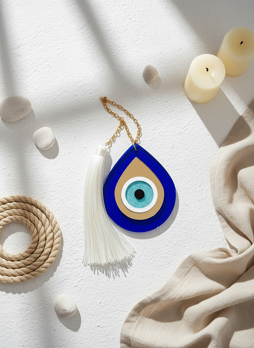 Χειροποίητο κρεμαστό γούρι μάτι σταγόνα από πλεξιγκλάς με ατσάλινη αλυσίδα και μακριά φούντα – So Cute by Dimi.