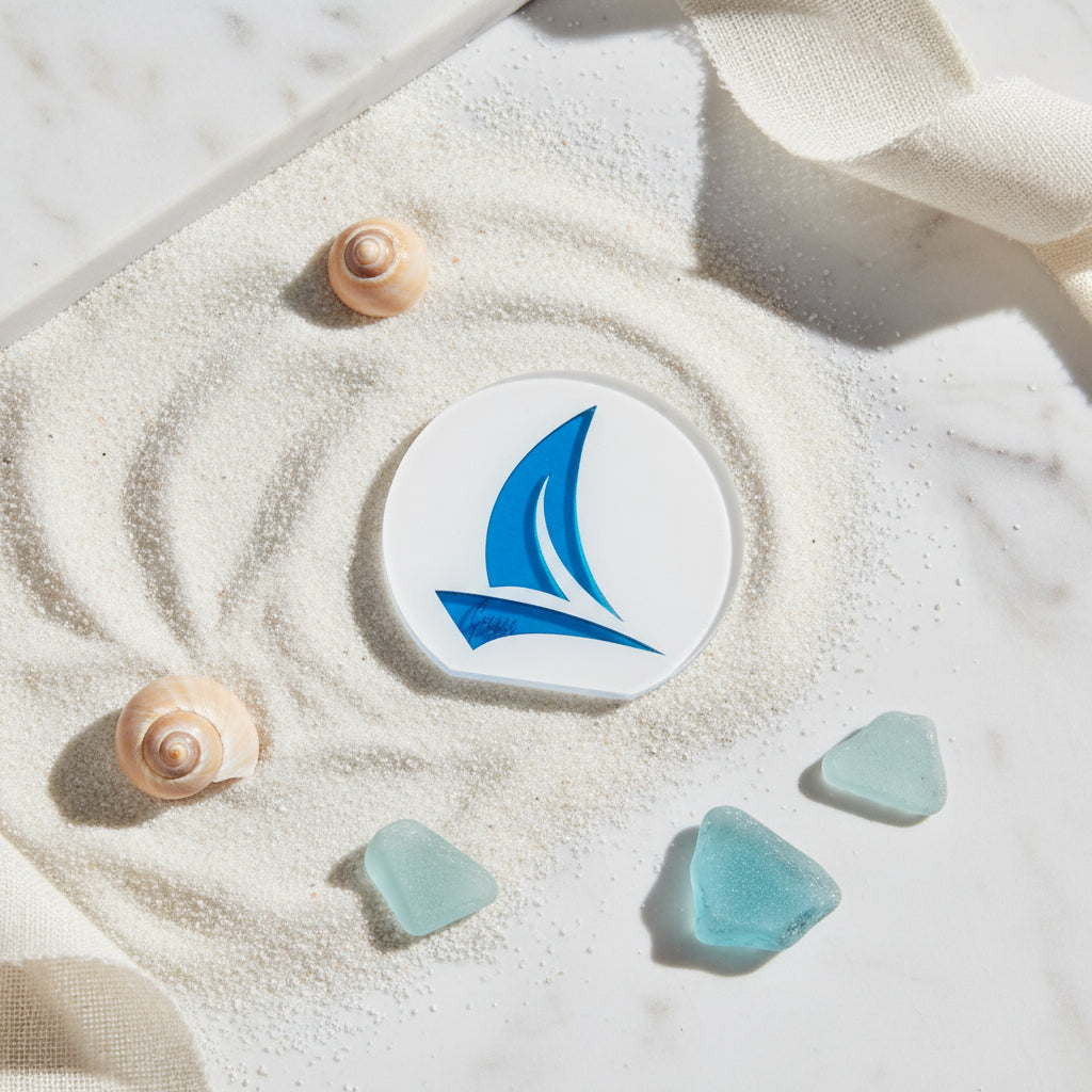 Χειροποίητο επιτραπέζιο γούρι Ιστιοφόρο από πλεξιγκλάς καθρέφτη με λέξη Greece, σε μπλε και λευκό, So Cute by Dimi.