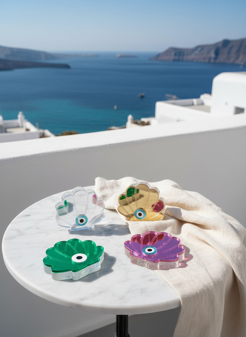 Χειροποίητο επιτραπέζιο γούρι κοχύλι με μάτι από πλεξιγκλάς καθρέφτη, τοποθετημένο σε λευκή μαρμάρινη επιφάνεια με φόντο τη θάλασσα και φυσικό μεσογειακό φως – So Cute by Dimi.