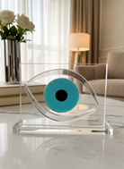 Επιτραπέζιο γούρι μάτι από διάφανο plexiglass με ασημί καθρέφτη και τυρκουάζ – So Cute by Dimi