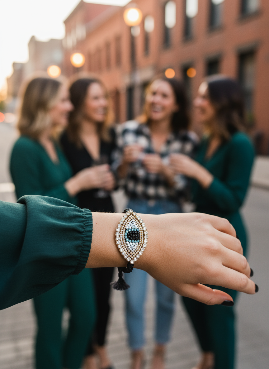 Χειροποίητο βραχιόλι με πλεκτό κορδόνι και μεγάλο μοτίφ ματιού με στρας – Shiny Eye Large – So Cute by Dimi