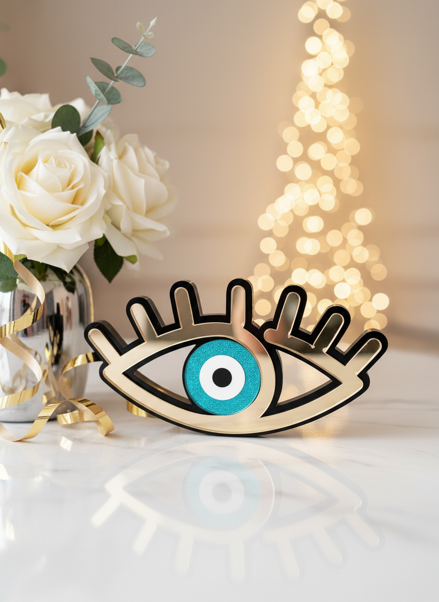 Χειροποίητο επιτραπέζιο γούρι μάτι με βλέφαρα από μαύρο plexi, χρυσό καθρέφτη και τυρκουάζ mirror, διαστάσεων 7×14 cm