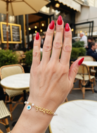 Χειροποίητο βραχιόλι ροζάριο με πέρλες, ταυτότητα “Μαμά”, “Νονά” ή “Γιαγιά” και charm μάτι – So Cute by Dimi