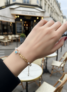 Χειροποίητο βραχιόλι ροζάριο με πέρλες, ταυτότητα “Μαμά”, “Νονά” ή “Γιαγιά” και charm μάτι – So Cute by Dimi