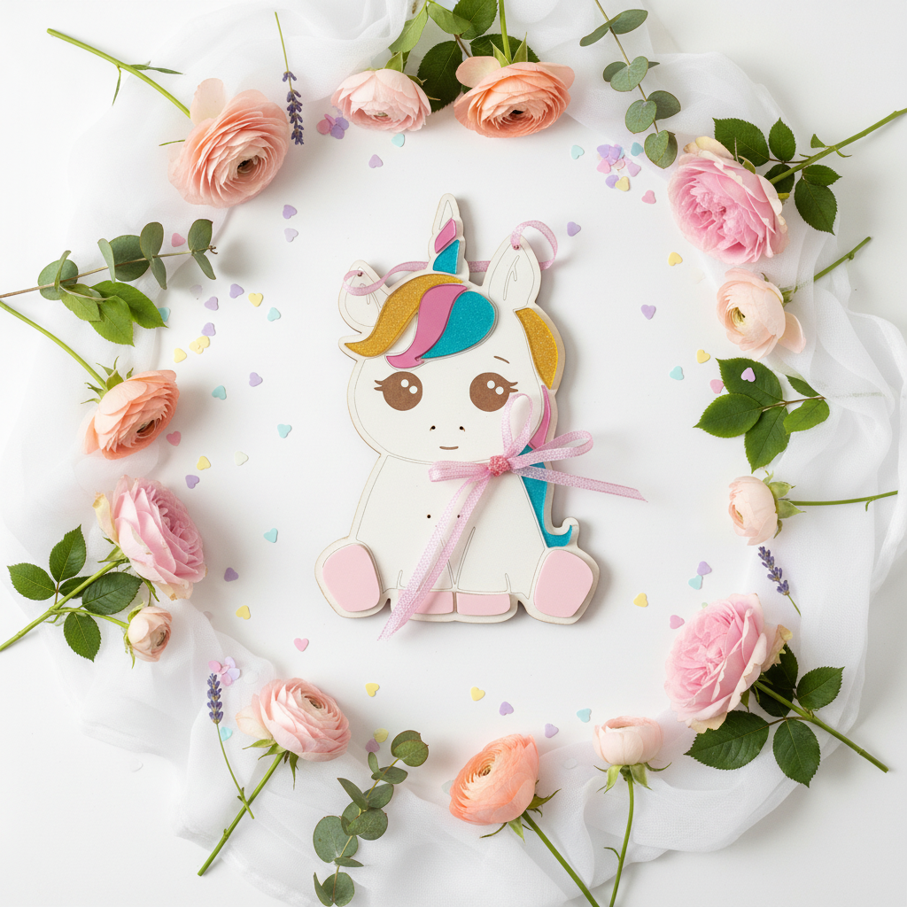 Χειροποίητο κάδρο μονόκερος από ξύλο και πολύχρωμο πλεξιγκλάς με glitter και κορδέλες, διαστάσεις 30×19 εκ.