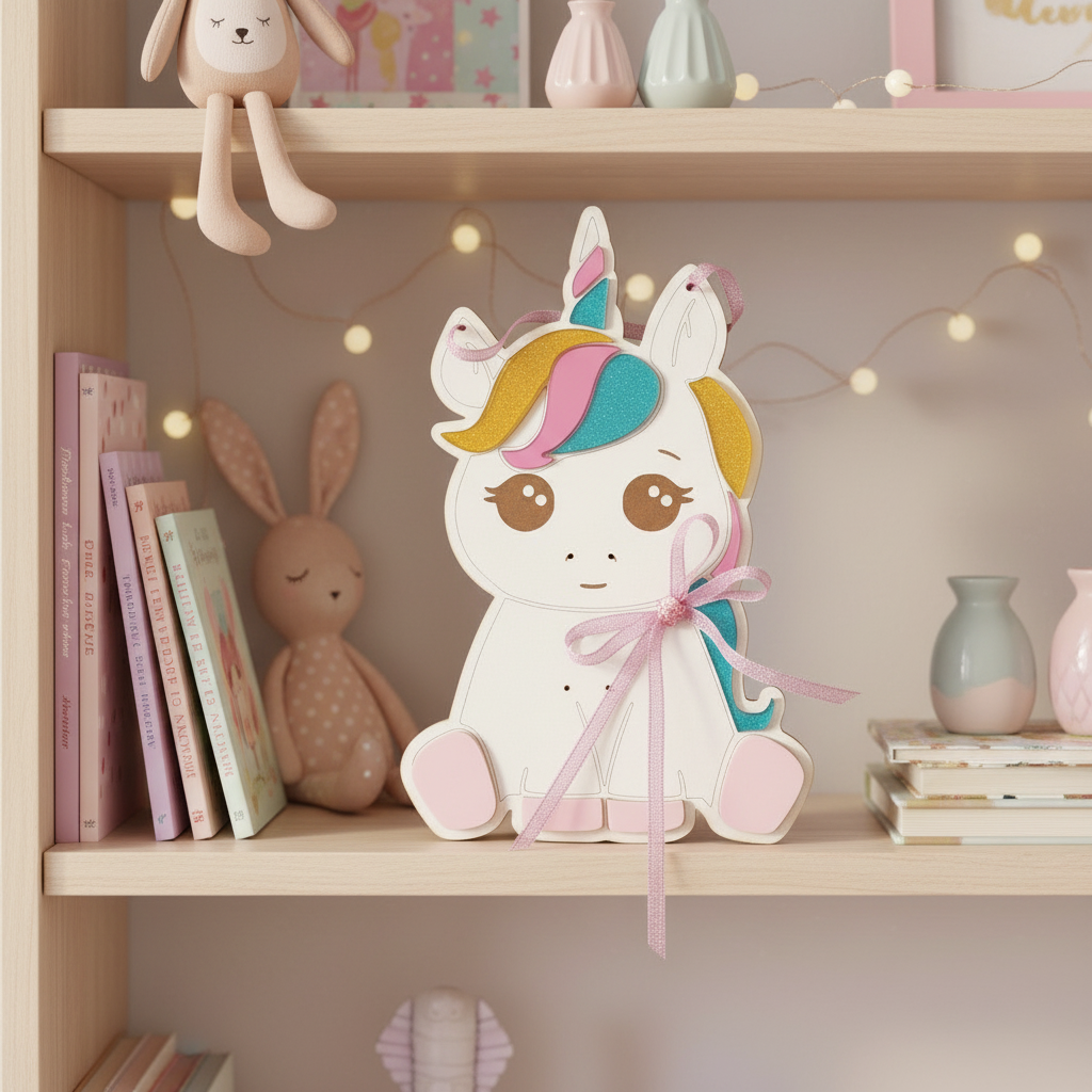 Χειροποίητο κάδρο μονόκερος από ξύλο και πολύχρωμο πλεξιγκλάς με glitter και κορδέλες, διαστάσεις 30×19 εκ.