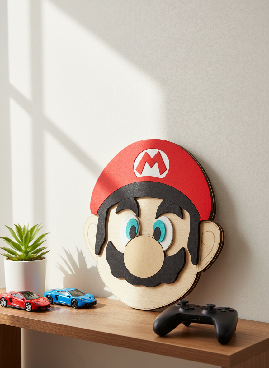 Χειροποίητο ξύλινο κάδρο Super Mario από ξύλο και πλεξιγκλάς, 25×23 εκ., παιδική διακόσμηση τοίχου