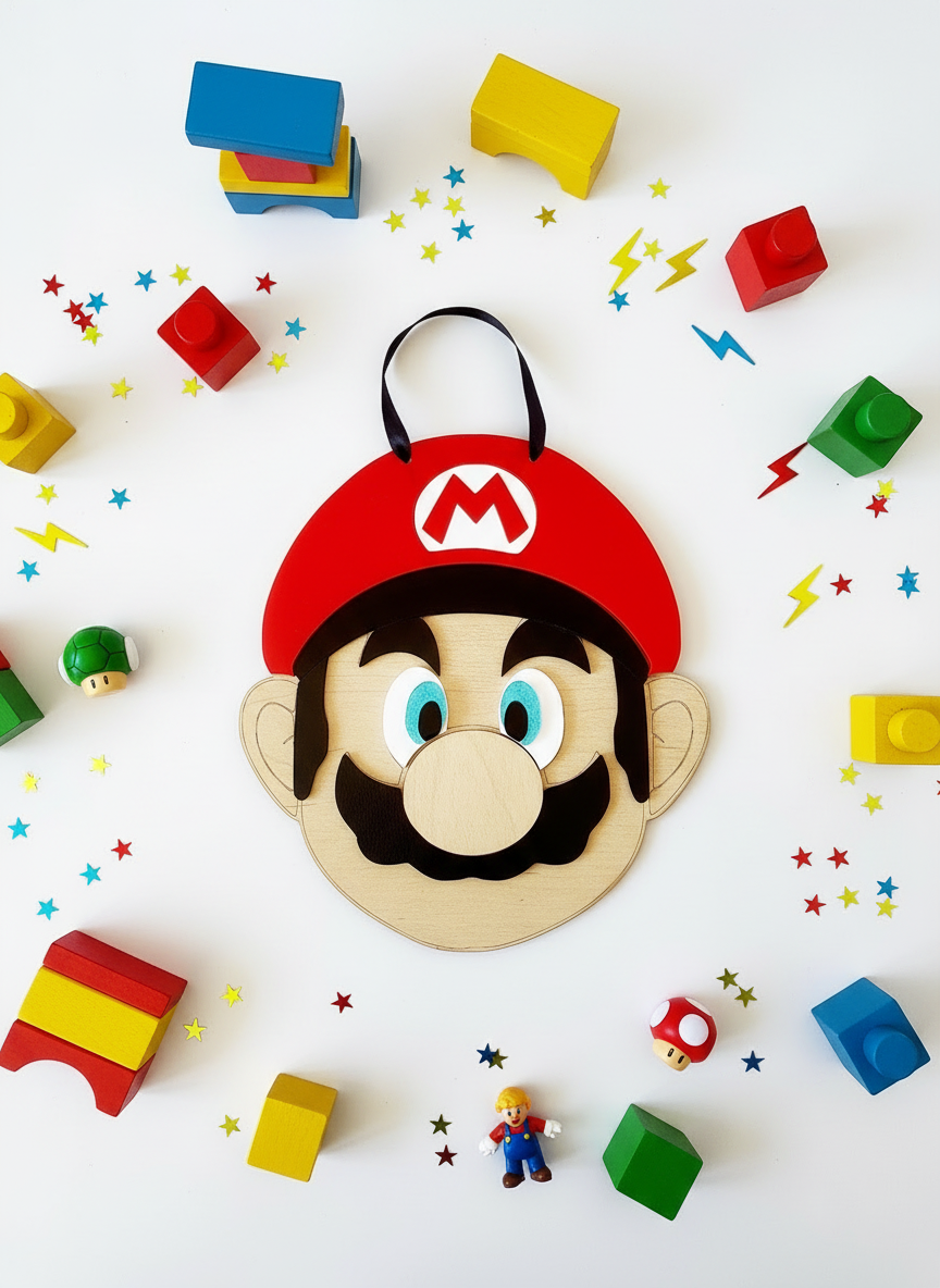 Χειροποίητο ξύλινο κάδρο Super Mario από ξύλο και πλεξιγκλάς, 25×23 εκ., παιδική διακόσμηση τοίχου