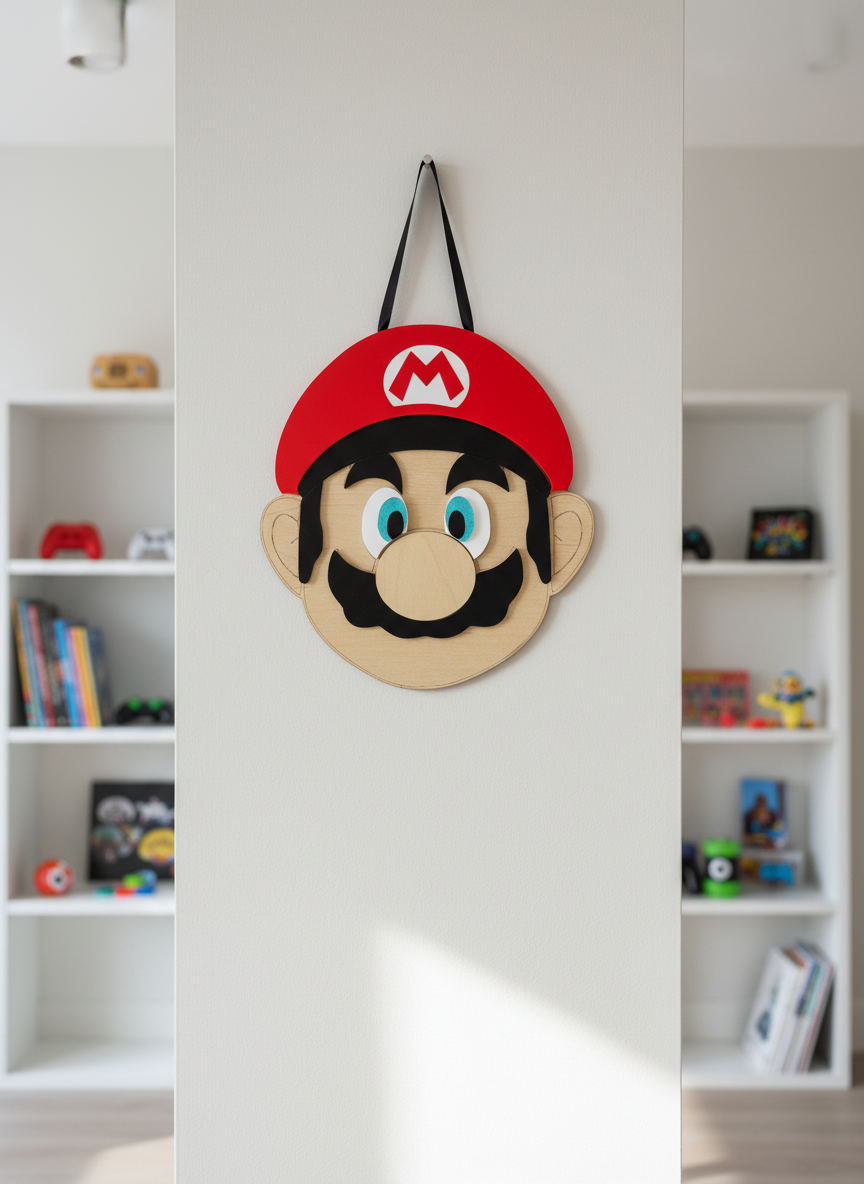 Χειροποίητο ξύλινο κάδρο Super Mario από ξύλο και πλεξιγκλάς, 25×23 εκ., παιδική διακόσμηση τοίχου