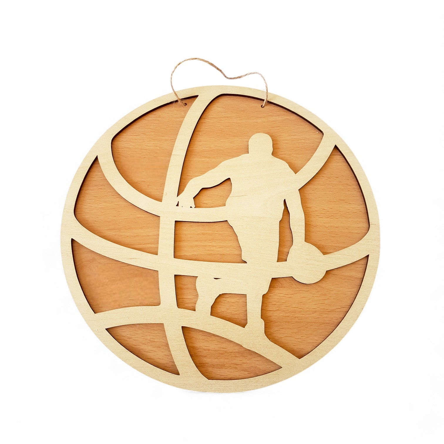 Ξύλινο κρεμαστό κάδρο μπάσκετ 25cm με laser-cut παίκτη και φυσικό ξύλο – So Cute by Dimi
