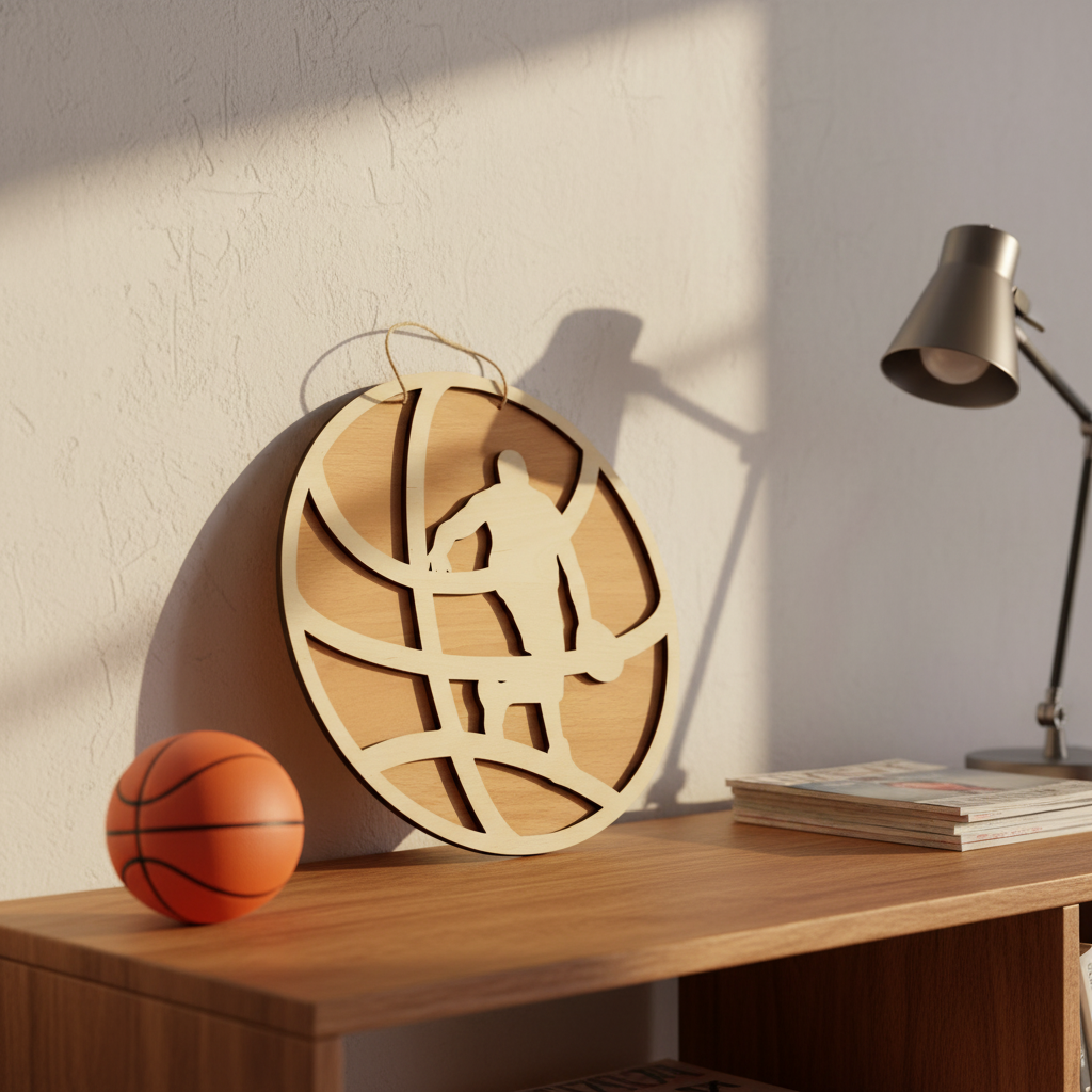 Ξύλινο κρεμαστό κάδρο μπάσκετ 25cm με laser-cut παίκτη και φυσικό ξύλο – So Cute by Dimi