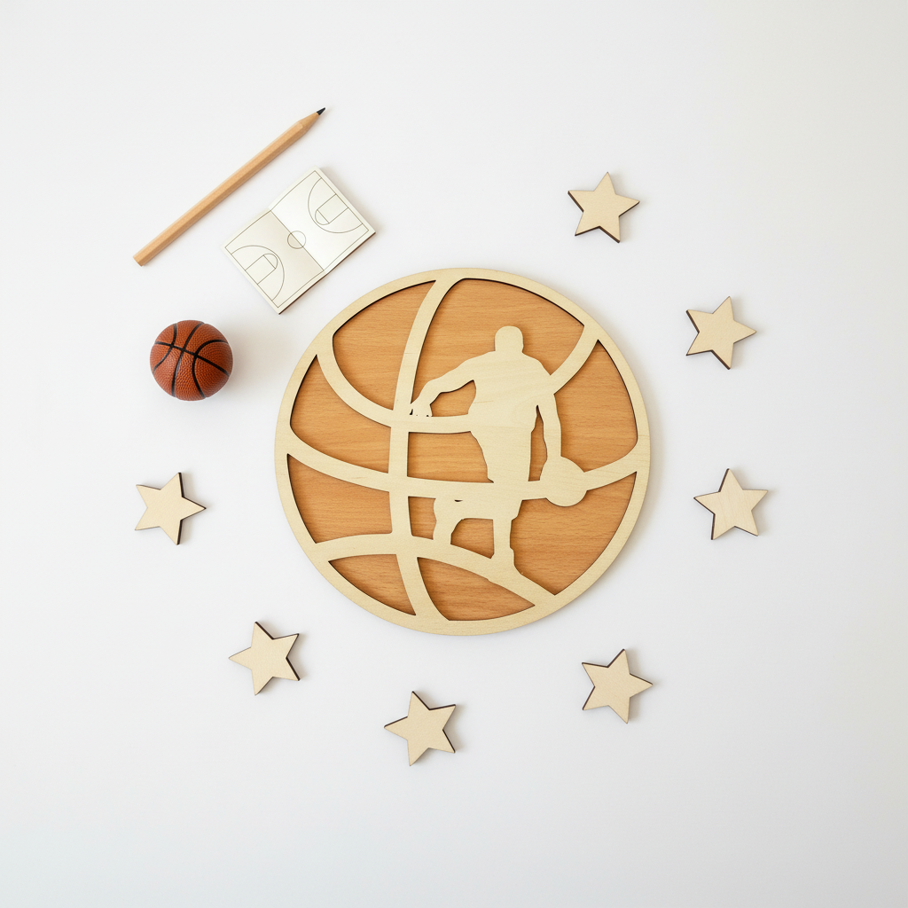 Ξύλινο κρεμαστό κάδρο μπάσκετ 25cm με laser-cut παίκτη και φυσικό ξύλο – So Cute by Dimi