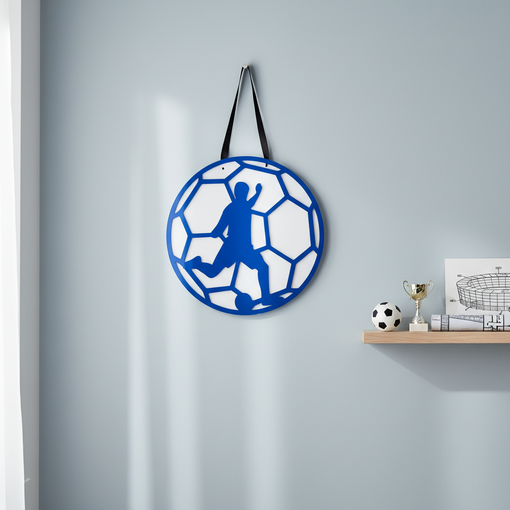 Κρεμαστό καδράκι ποδοσφαίρου από πλεξιγκλάς, διάμετρος 25 εκ., με φιγούρα ποδοσφαιριστή σε λευκή βάση.
