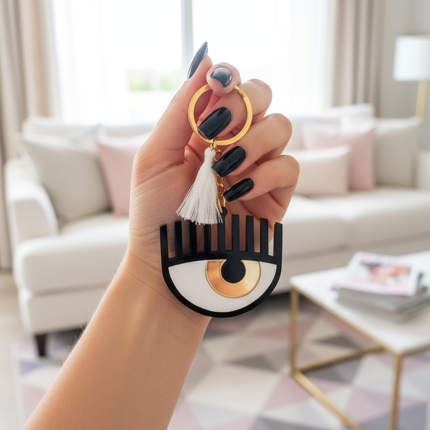 Plexiglass μπρελόκ μάτι με βλέφαρα και φουντίτσα σε μπλε ή χρυσό χρώμα – So Cute by Dimi