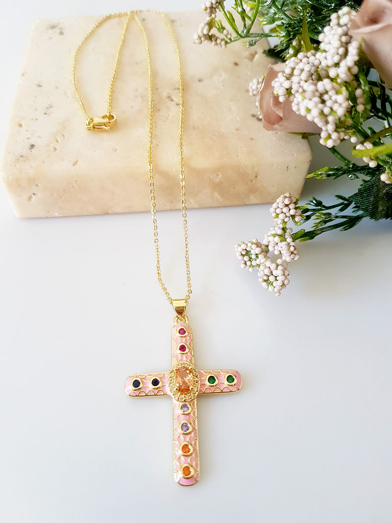 Ατσάλινο κολιέ σταυρός με ζιργκόν - So Cute by Dimi