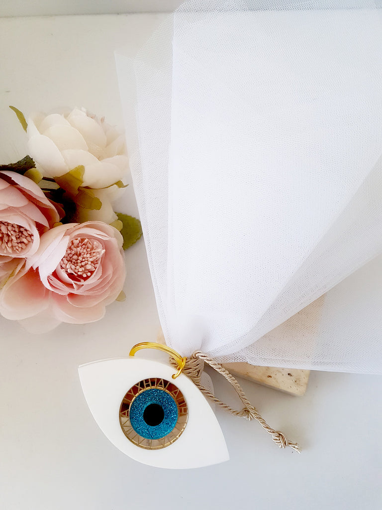 Μπομπονιέρα γάμου με τούλι και μπρελόκ μάτι με χάραξη ευχές - So Cute by Dimi