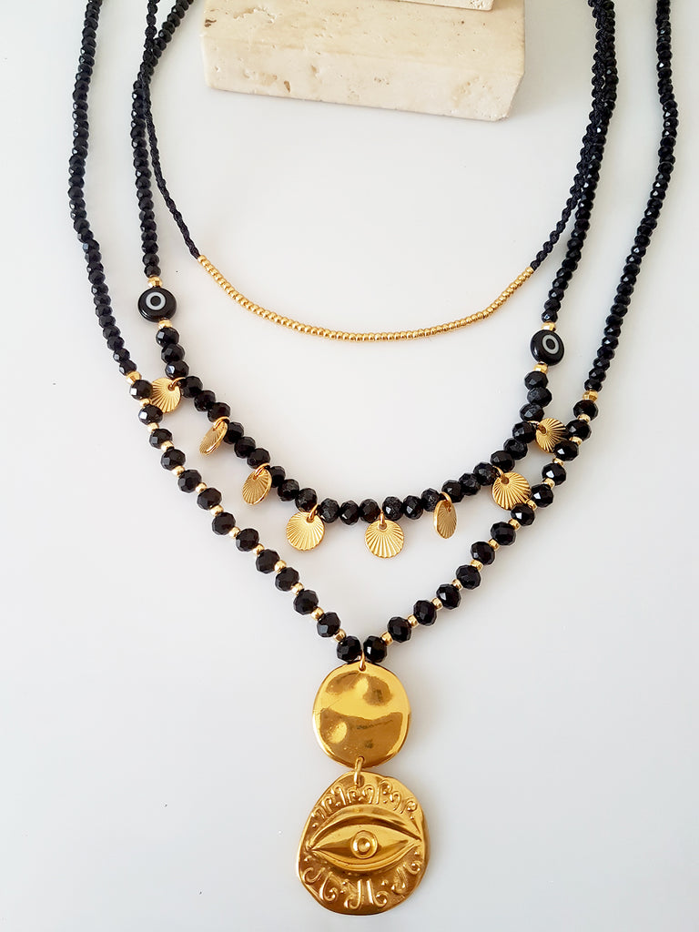 Gold-black coin&eye necklaces Σετ 3 κολιέ - So Cute by Dimi