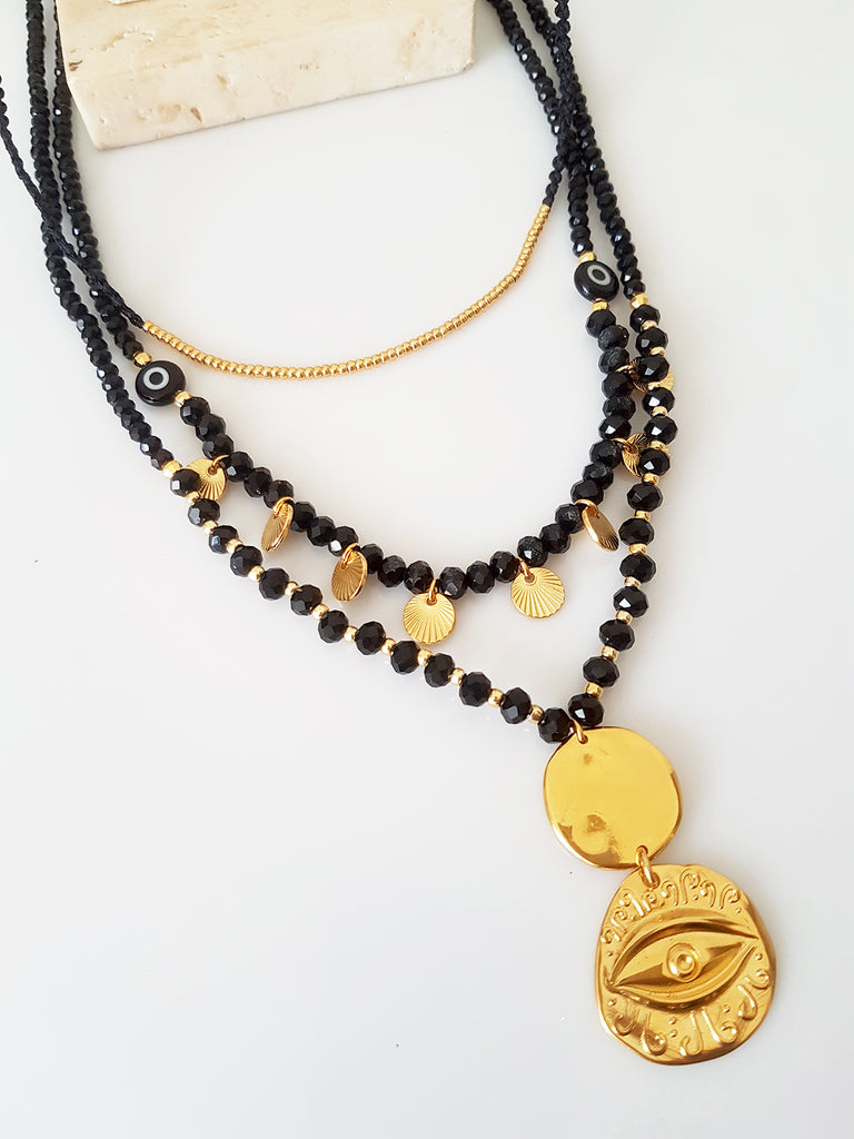 Gold-black coin&eye necklaces Σετ 3 κολιέ - So Cute by Dimi