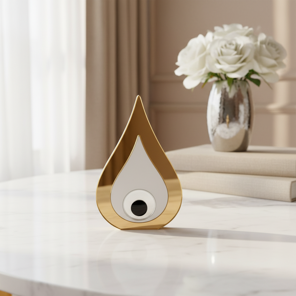 Επιτραπέζιο γούρι μάτι από plexiglass καθρέφτη και λευκό plexi, σε δύο χρώματα, φωτογραφημένο σε πολυτελές interior styling