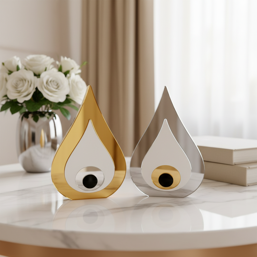 Επιτραπέζιο γούρι μάτι από plexiglass καθρέφτη και λευκό plexi, σε δύο χρώματα, φωτογραφημένο σε πολυτελές interior styling