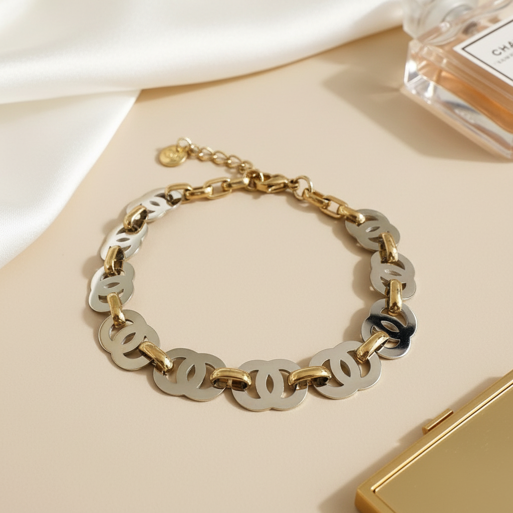 Bicolor bracelet με χρυσά κρικάκια και ασημί interlinked στοιχεία – So Cute by Dimi