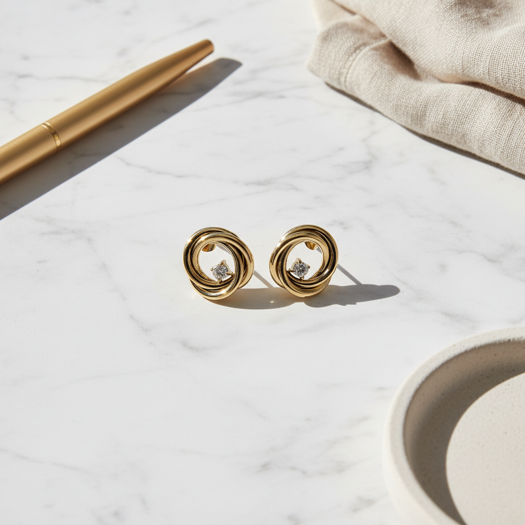 Stainless steel twisted stud earrings with central crystal in  gold – So Cute by Dimi.