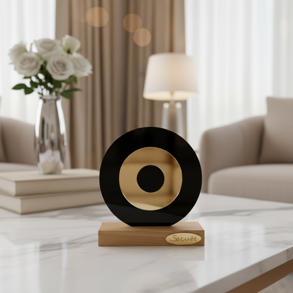 Επιτραπέζιο γούρι μάτι από πλεξιγκλάς σε μαύρο με χρυσό καθρέφτη και ξύλινη βάση – So Cute by Dimi