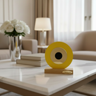 Επιτραπέζιο γούρι μάτι από πλεξιγκλάς σε κίτρινο με χρυσό καθρέφτη και ξύλινη βάση – So Cute by Dimi