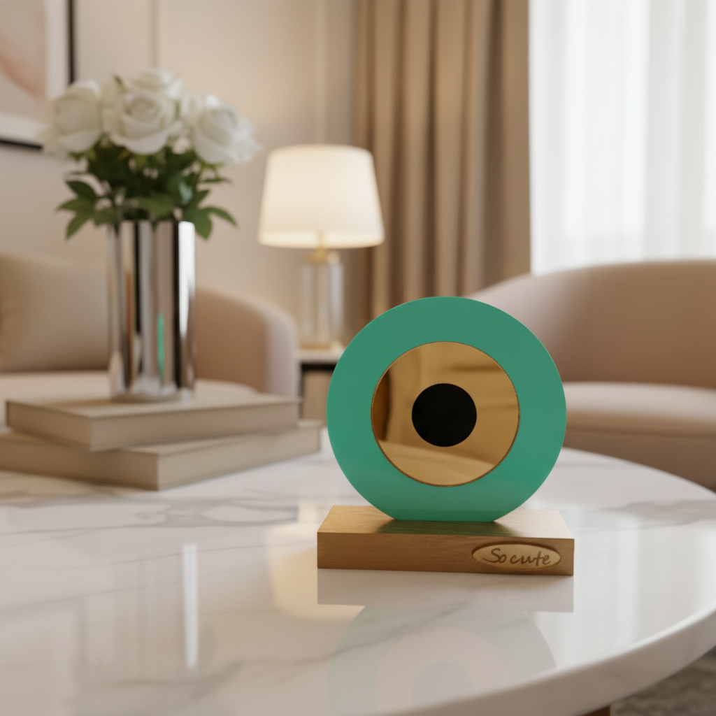 Επιτραπέζιο γούρι μάτι από πλεξιγκλάς σε μέντα με χρυσό καθρέφτη και ξύλινη βάση – So Cute by Dimi