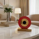 Επιτραπέζιο γούρι μάτι από πλεξιγκλάς σε κόκκινο με χρυσό καθρέφτη και ξύλινη βάση – So Cute by Dimi