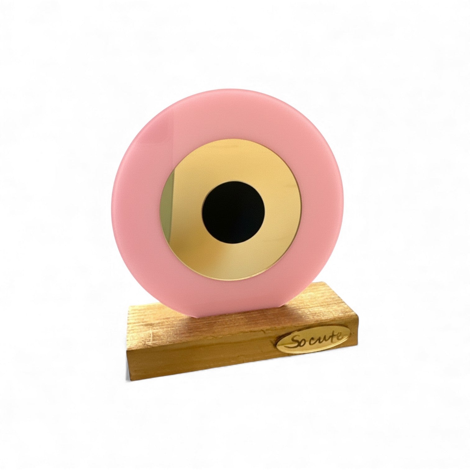 Επιτραπέζιο γούρι μάτι από πλεξιγκλάς σε ροζ με χρυσό καθρέφτη και ξύλινη βάση – So Cute by Dimi