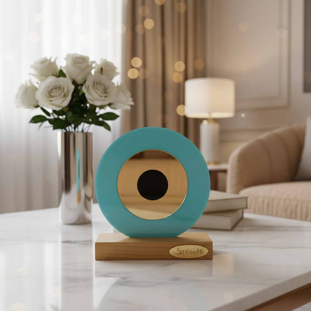 Επιτραπέζιο γούρι μάτι από πλεξιγκλάς σε γαλάζιο με χρυσό καθρέφτη και ξύλινη βάση – So Cute by Dimi