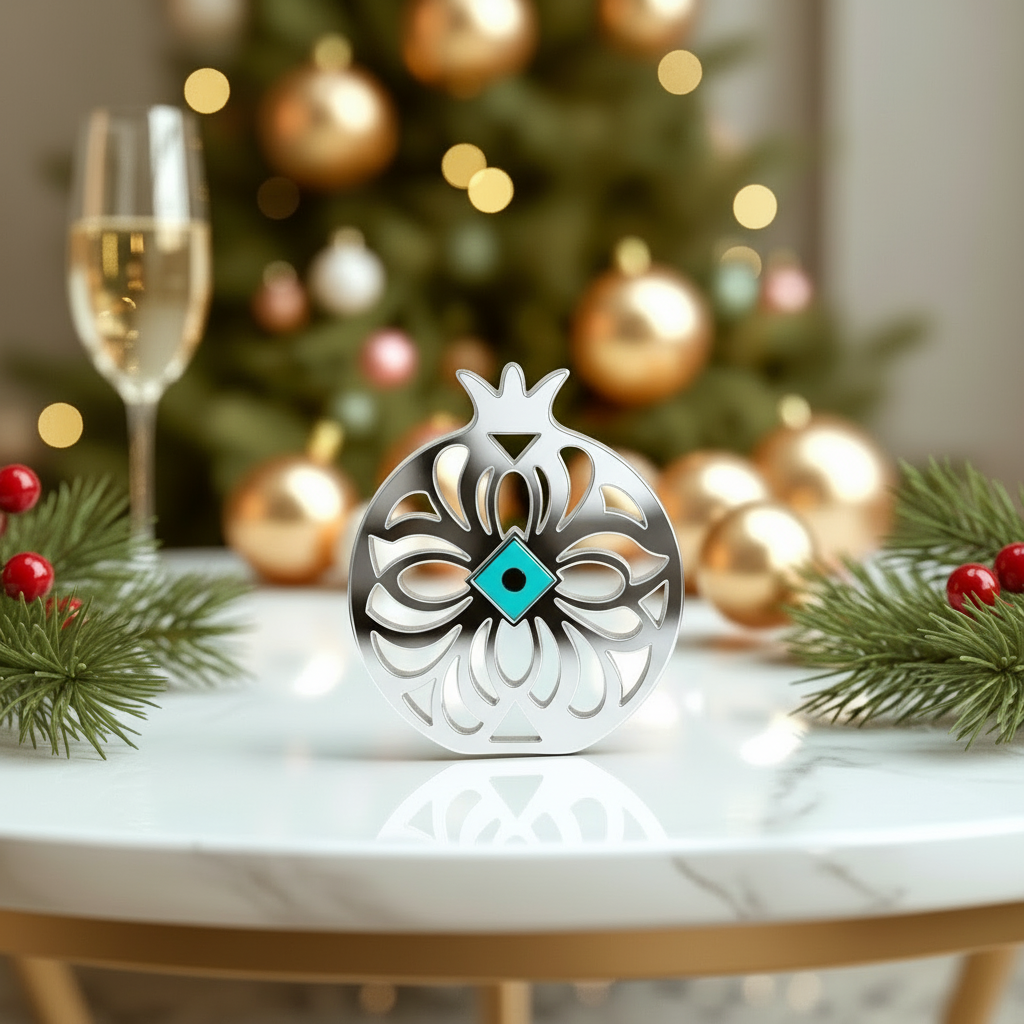 Γούρι 2026 Ρόδι με Μάτι από plexiglass ασημί καθρέφτη – So Cute by Dimi