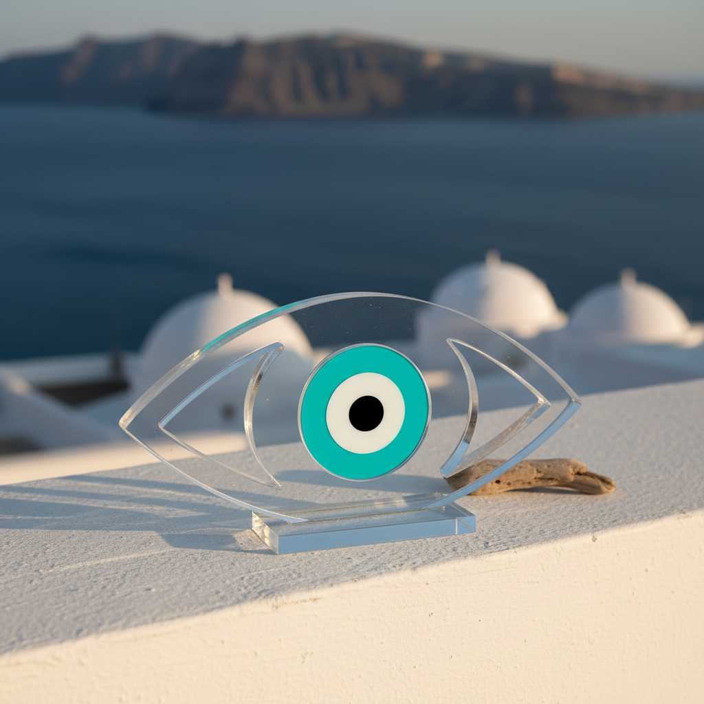 Επιτραπέζιο γούρι μάτι από διάφανο plexiglass με χρωματιστό κεντρικό μάτι πάνω σε λευκό minimal φόντο – So Cute by Dimi