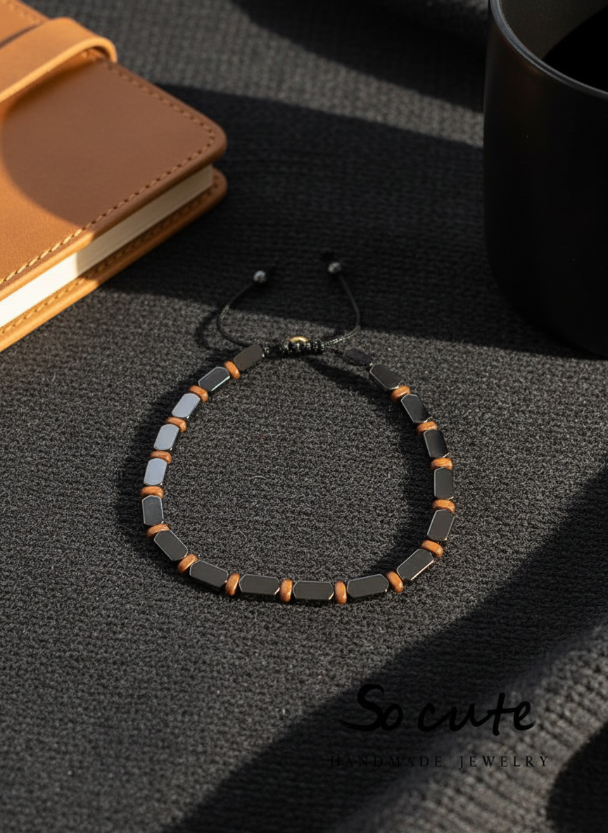 Λεπτό ανδρικό βραχιόλι αιματίτη με πλακέ πέτρες – So Cute by Dimi