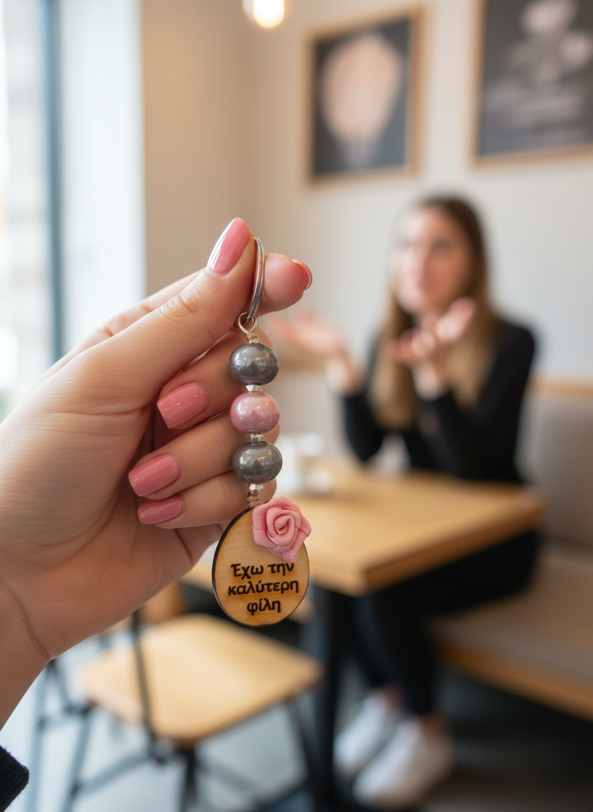 Μπρελόκ με ξύλινο στοιχείο “έχω την καλύτερη φίλη”, κεραμικές χάντρες & τριανταφυλλάκι – So Cute by Dimi