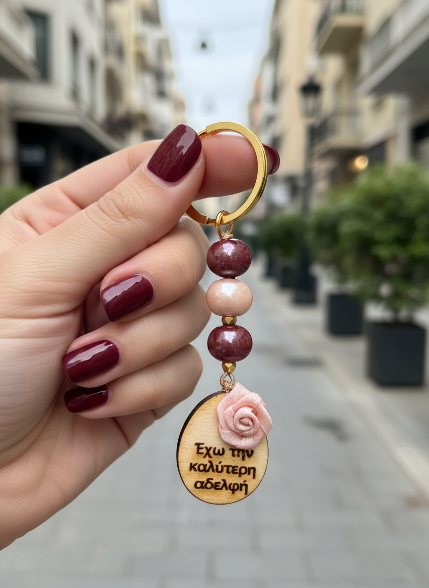 Μπρελόκ με ξύλινο οβάλ στοιχείο “έχω την καλύτερη αδελφή”, κεραμικές χάντρες & τριανταφυλλάκι – So Cute by Dimi