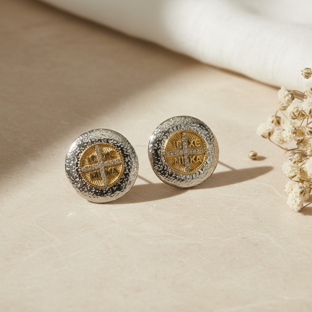 Ατσάλινα δίχρωμα σκουλαρίκια με κωνσταντινάτο και ζιργκόν – Divine Shine Earrings by So Cute by Dimi